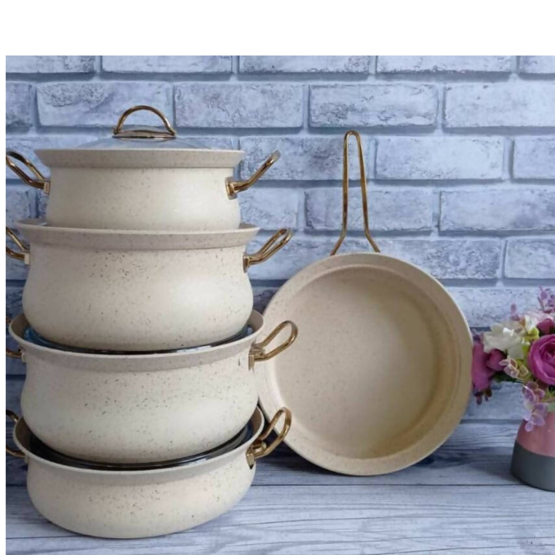 OMS 9 Pcs Ivory Granitec Induction Safe Cookware Set - Made in Turkey طقم أواني طهي 9 قطع جرانيت - صنع في تركيا OMS 9 Pcs Ivory Granitec Induction Safe Cookware Set - Made in Turkey طقم أواني طهي 9 قطع جرانيت - صنع في تركيا